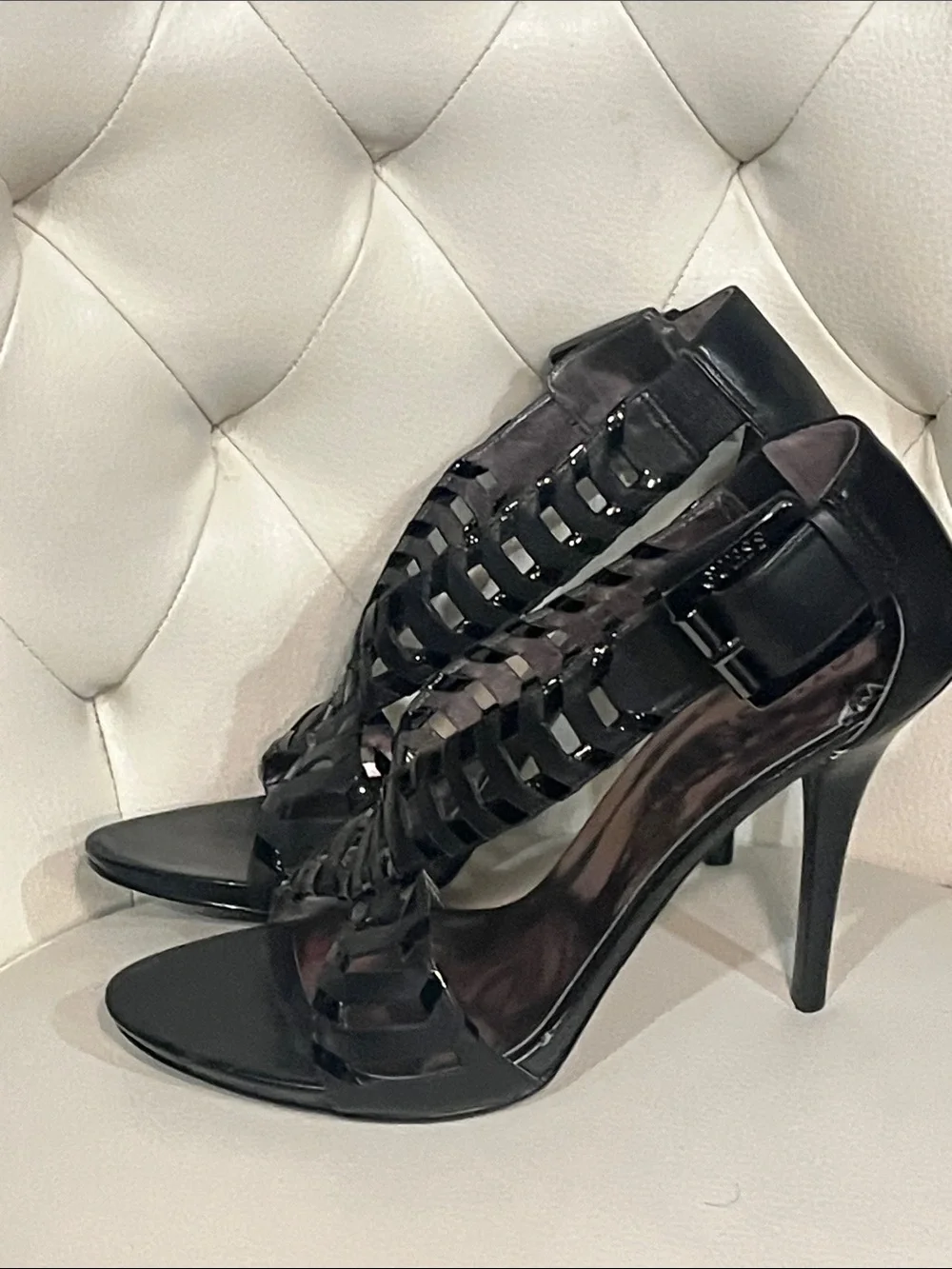 Guess by Marciano Glossy Black Leather Strappy Stiletto Sandals 8.5